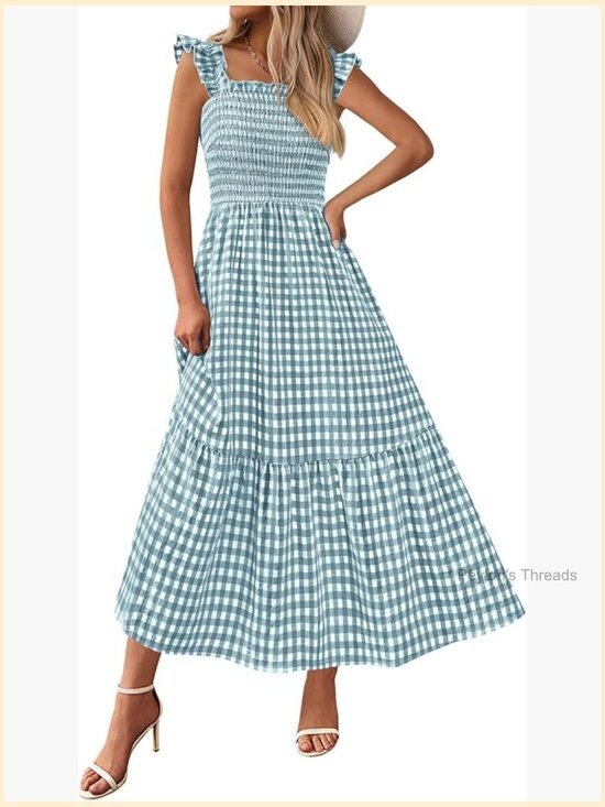Dresses & Skirts - Women's Summer Dress Square Neck Ruffle Strap Gingham Smocked Midi Flowy A-Line